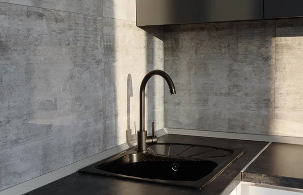 Siyah seramik lavabo ve musluk ile Modern mutfak iç, kopya