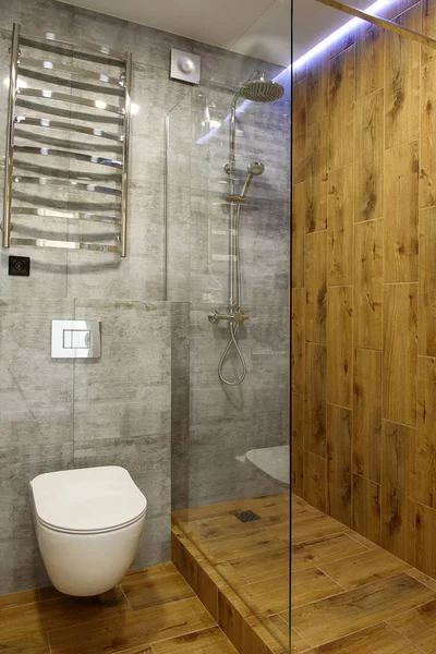 Moderní koupelnové interiéry se skleněnými sprchami, WC a w — Stock fotografie