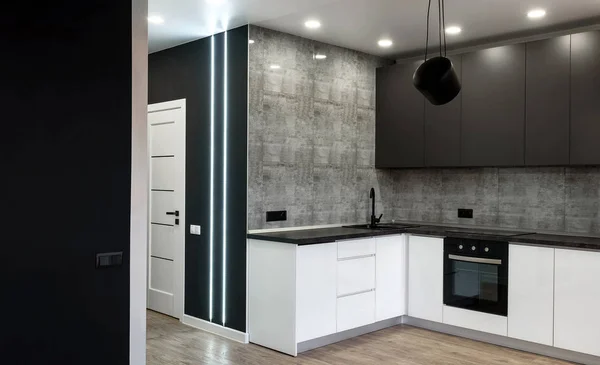 New modern empty kitchen interior in white and gray colors, copy