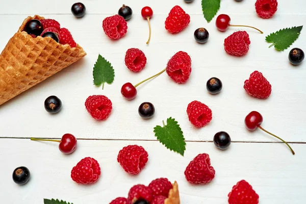 Спелые сладкие малины, вишни и черная смородина в мороженом — стоковое фото