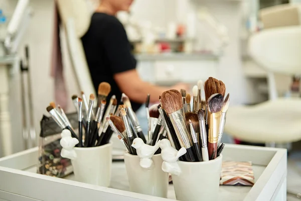 Conjunto de várias escovas de maquiagem com cliente femail em desfoque no bac — Fotografia de Stock