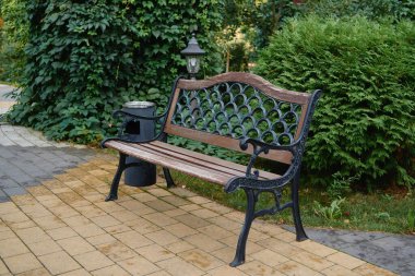 Güneşli yaz gününde şehir parkında yapayalnız ahşap bank, kopyalama alanı