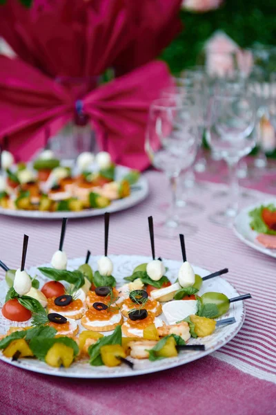 Buffet Table Snacks Canape Appetizers Luxury Wedding Reception Outdoors Copy — Stock Photo, Image
