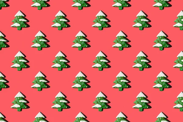 Creative Christmas Pattern Fir Trees Red Paper Background Copy Space — Stock Photo, Image