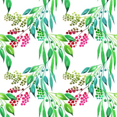  Çiçek seamless modeli ile soyut yeşil yaprakları ve suluboya çilek. Elle çizilmiş yaz arka plan üzerinde beyaz