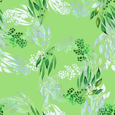 Çiçek seamless modeli ile yaz çelenk yeşil yaprakları ve suluboya çilek. Elle çizilmiş yaz zemin üzerine yeşil
