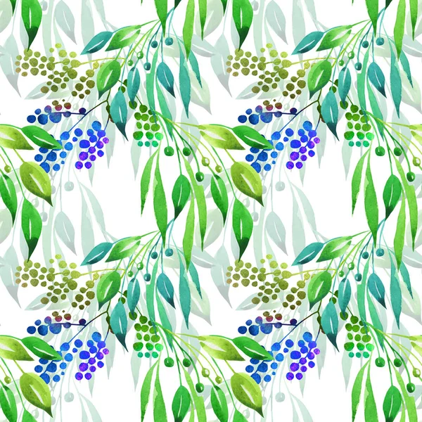 Floral Seamless Pattern Abstract Green Leaves Berries Watercolor Hand Drawn — Stock Photo, Image