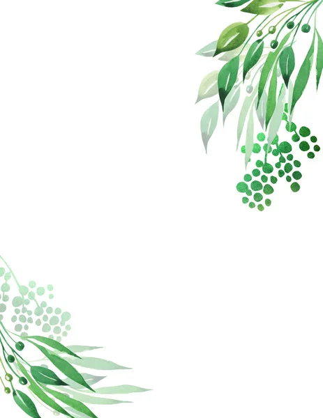 夏季花卉设计与抽象的叶子和浆果水彩 手工绘制的绿色叶子被隔离在白色 — 图库照片