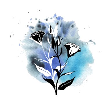 Çiçek ve yaprakları eustoma elinde çizilmiş kroki tarzı çiçek. Beyaz arka plan üzerinde izole. Siyah ve beyaz hat illüstrasyon renkli blob üzerinde