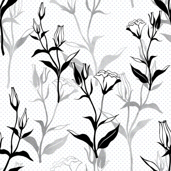 Black and white floral seamless pattern with eustomia flowers in hannd drawn sketch style. Nature illustration on polka dots background.