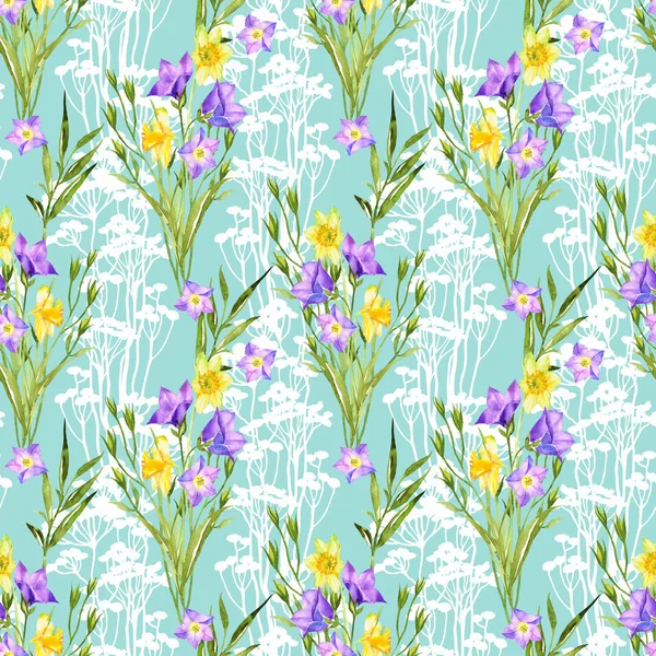 Floral Seamless Pattern Grass Bluebells Flowers Watercolor Hand Drawn Sketch — Stock Photo, Image