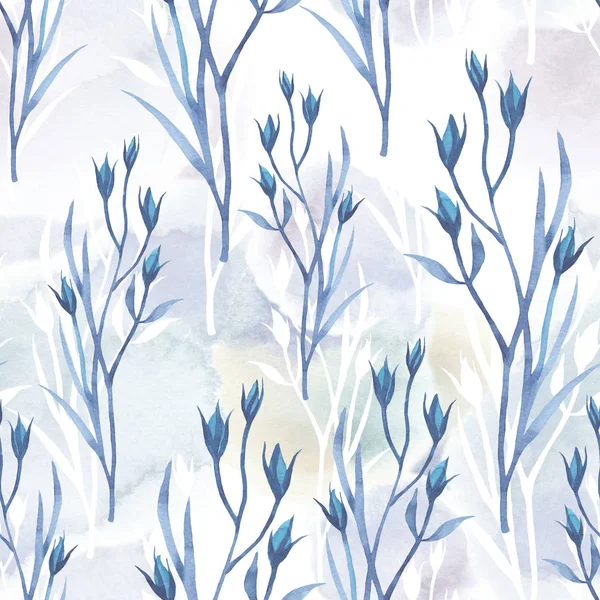 Kwiatowy Wzór Niebieski Pąki Liście Eustoma Kwiat Ręku Rysowane Stylu — Zdjęcie stockowe