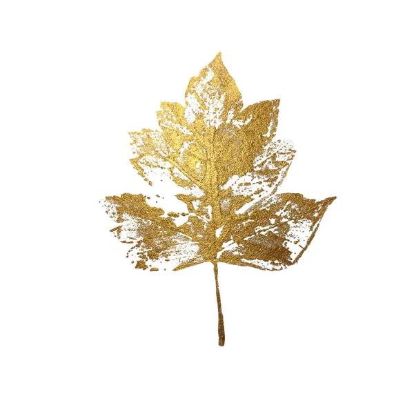 Gold leaf as design element isolated on white background. Leaf print with gold acrylic paint. Holiday decoration in style grunge
