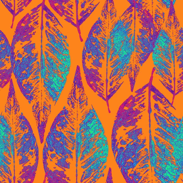 purple and blue leaves seamless pattern on orange background.