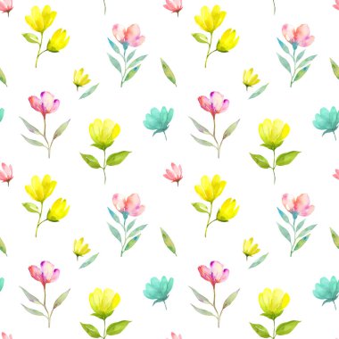 Elle çizilmiş suluboya çiçekleri ile bahar dikişsiz desen. 