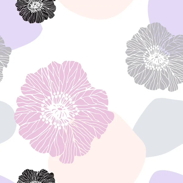 抽象矢量背景与甜蜜的柔和斑点和黑色和灰色的花朵在手绘风格 — 图库矢量图片