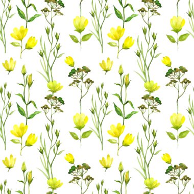 Sarı çiçekli bahar, pürüzsüz suluboya desenli.