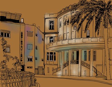 White city Tel Aviv, romantic old square, retro style. Ink line urban sketch. Hand drawing. Colorful illustration on craft background.