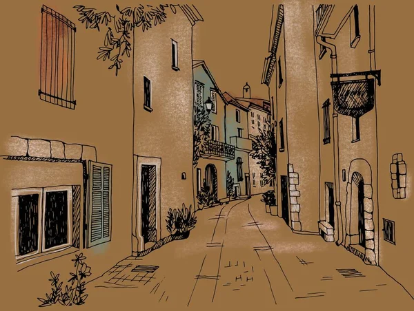 Rue Vieille Ville Dans Style Esquisse Dessinée Main Illustration Colorée — Photo