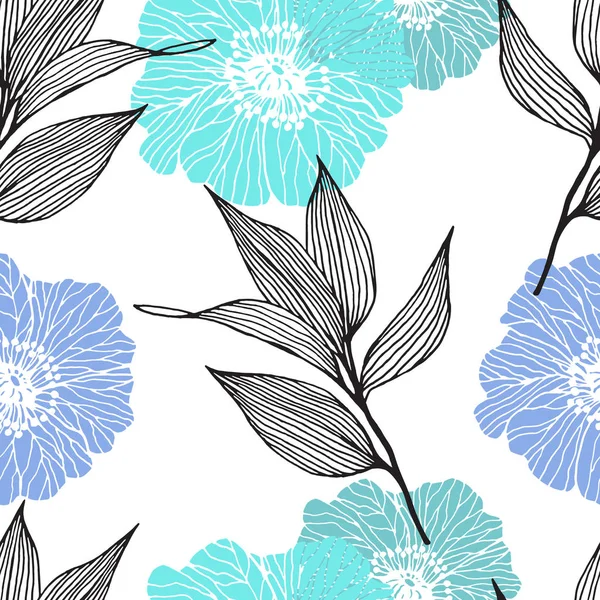 Patrón Sin Costura Floral Con Hojas Flores Estilo Dibujado Mano — Vector de stock