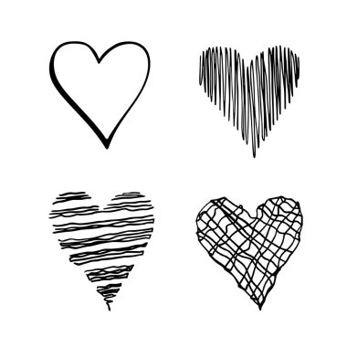 Grunge Hearts 'ü sanat tarzında ayarla. Siyah beyaz çizim. Beyaz üzerine elle çizilmiş Vektör illüstrasyonu