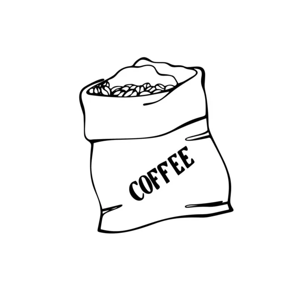 Kaffeesack Leinentasche Mit Kaffeebohnen Isoliert Auf Weiß Traditionelles Kaffeepaket Handgezeichneten — Stockvektor