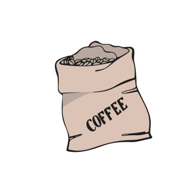 Kahve torbası. Kahve çekirdekli bez çanta. Beyazda izole edilmiş. Geleneksel kahve paketi. El çizimi stili. Çizgi çizimi. Renkli vektör illüstrasyonu