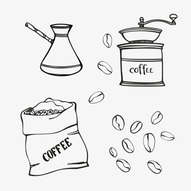 Kahve seti, bardak, değirmen, demlik, kahve çekirdekleri ve torba. Siyah beyaz çizgi çizimi. El çizimi stili. Beyaz arkaplanda vektör illüstrasyonu.