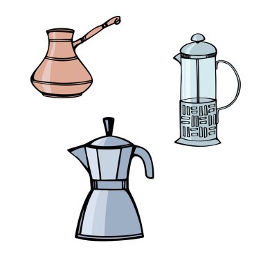 Kahve seti, bardak, değirmen, demlik, kahve çekirdekleri ve torba. Siyah beyaz çizgi çizimi. El çizimi stili. Beyaz arkaplanda vektör illüstrasyonu.