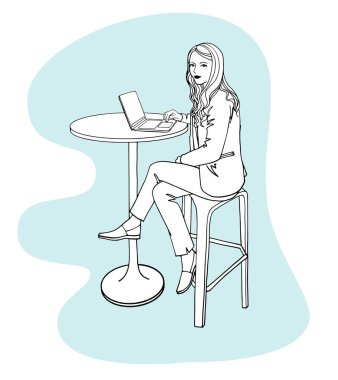 Dizüstü bilgisayarı olan güzel bir kız. Mürekkep çizimi. Ofiste çalış. Elle çizilmiş görüntü. Beyaz arkaplanda siyah ve beyaz vektör çizimi.