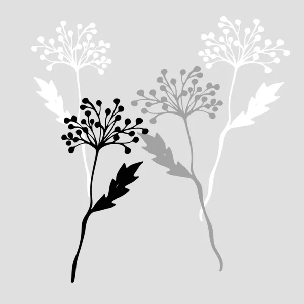 Plantas Abstractas Hojas Aisladas Sobre Fondo Gris Estilo Boceto Arte — Vector de stock