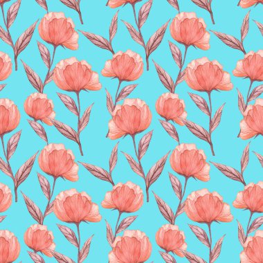 Şakayık suluboya çiçek desenli. Turkuaz üzerine yaz arkaplanı.