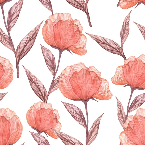 Floral Seamless Pattern Peonies Watercolor Summer Background White — Stock Photo, Image