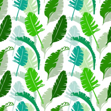 Palmiye yapraklı, dikişsiz çiçek deseni. El çizimi taslak tarzı. Beyaz arkaplanda yeşil siluet.
