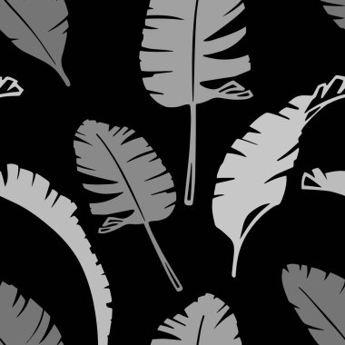 Palmiye yapraklı, dikişsiz çiçek deseni. Siyah arka planda gri siluetler. El çizimi mürekkep biçimi vektör çizimi.