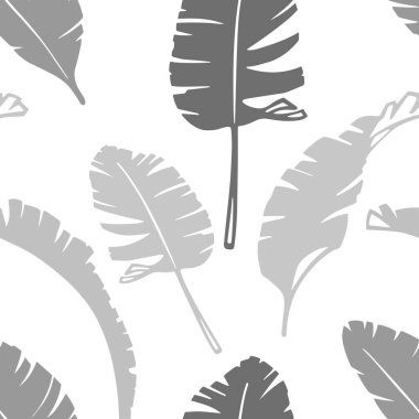 Palmiye yapraklı çiçek desenli. Beyaz arka planda gri siluetler. El çizimi mürekkep biçimi vektör çizimi.