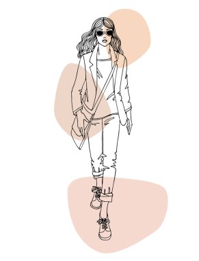 Genç, yürüyen bir kız, el çizimi, oldukça şık bir kadın, iş kadını, çizim çizimi, tam vücut kızı, ceket ve kot giymiş bir kız, günlük tarz. Sepya damlaları üzerine vektör illüstrasyonu.