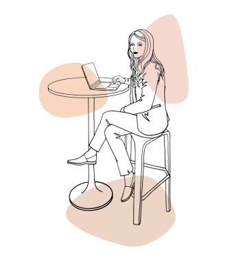 İşte dizüstü bilgisayarı olan güzel bir kız. O yüksek bir sandalyede oturuyor. Çizgi çizimi. Elle çizilmiş görüntü. Sepya damlaları arka planında siyah ve beyaz vektör illüstrasyonu.
