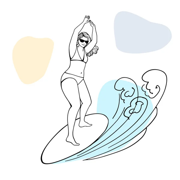 サーフィンプラスサイズの女の子 体がポジティブだ サーフボードで幸せ太りすぎの女の子サーフィン 手描きスケッチ 線画だ 白地のベクターイラスト — ストックベクタ