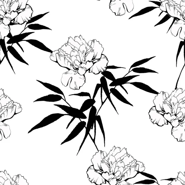 Patrón Sin Costura Floral Con Hojas Bambú Peonías Dibujo Dibujado — Vector de stock