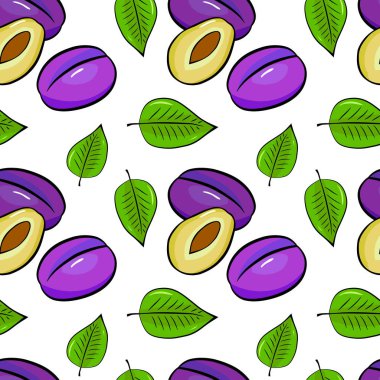 Elmalar, armutlar, tüyler ve yapraklarla meyvesiz desen. Elle çizilmiş renkli çizim. Beyaz üzerine vektör illüstrasyonu.