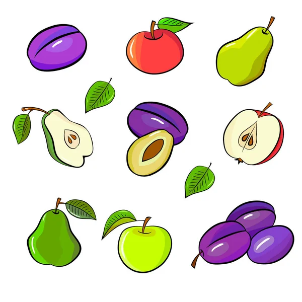 用苹果 李子和树叶做成的水果 手绘彩色草图 白色的矢量图解 食品背景 — 图库矢量图片