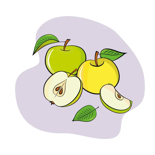 Fruits Avec Pommes Prunes Feuilles Croquis Coloré Dessiné Main Illustration — Image vectorielle