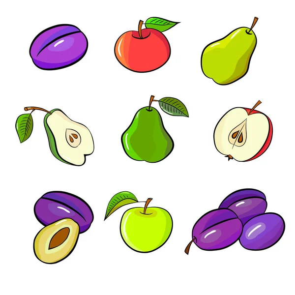 Fruktset Med Äpplen Plommon Och Blad Handritad Färgstark Skiss Vektorillustration — Stock vektor