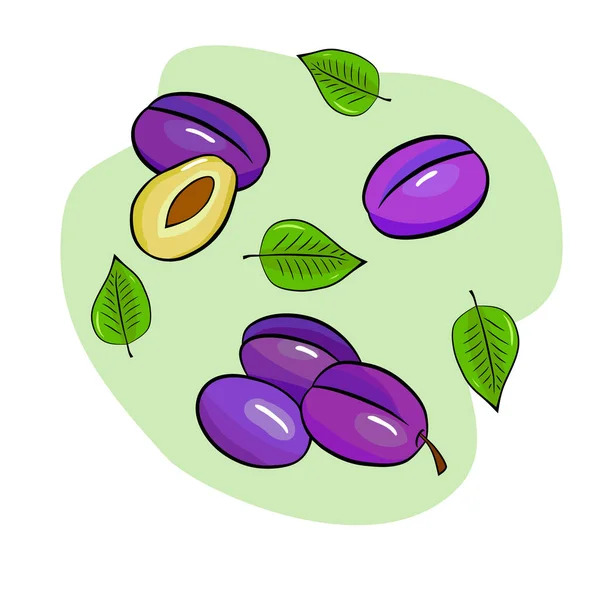 Fruktset Med Äpplen Plommon Och Blad Handritad Färgstark Skiss Vektorillustration — Stock vektor