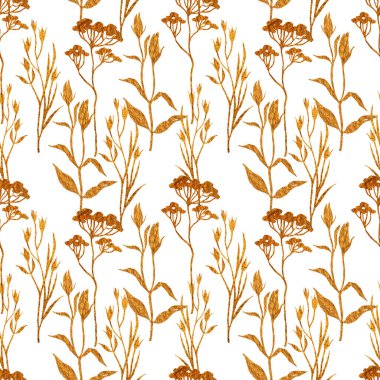 Çiçeksiz desenli, çimen altınlı. El çizimi taslak tarzı. Beyaz üzerine doğa arkaplanı.