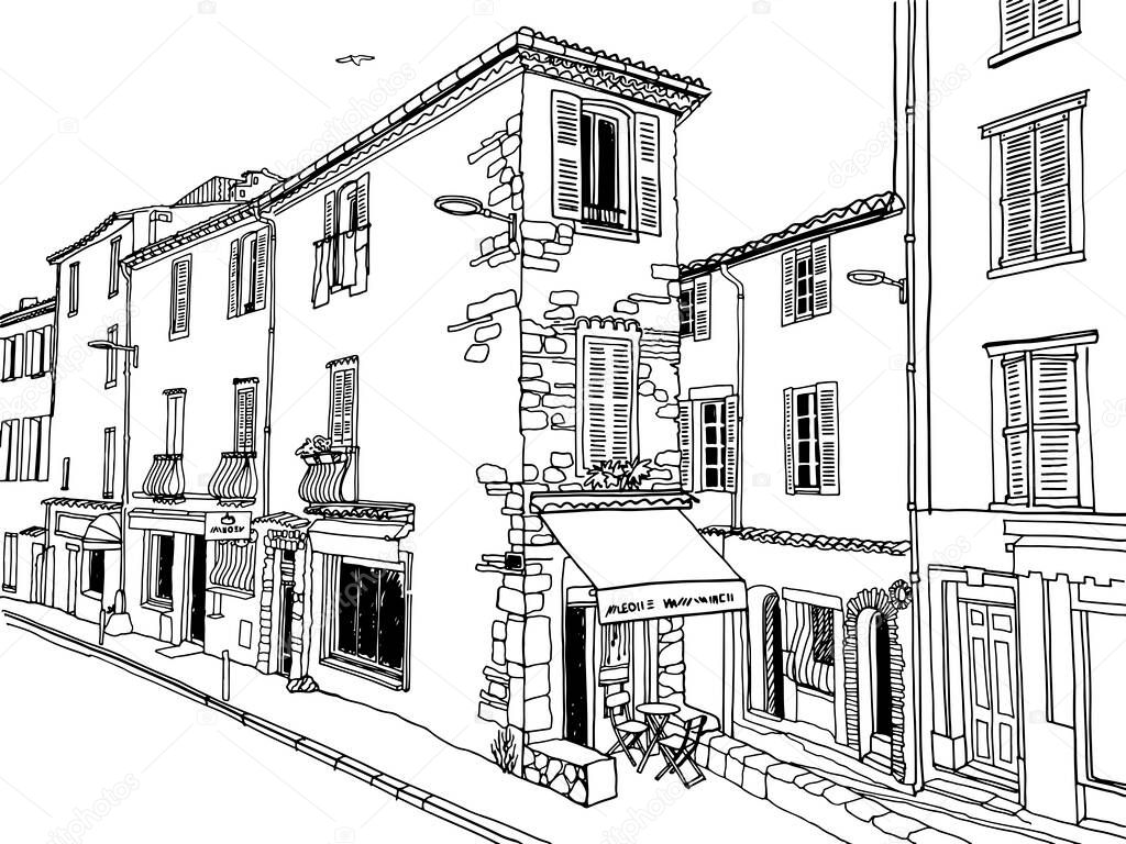 Old street of romantic Antibes, Provence, France. Nice European city. Urban landscape in hand drawn sketch style. Line art. Wall decor. Vector illustration.