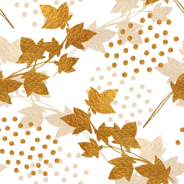 Zlatý Bezešvý Vzor Břečťanovými Listy Puntíky Ručně Kreslený Styl Podzimní — Stock fotografie
