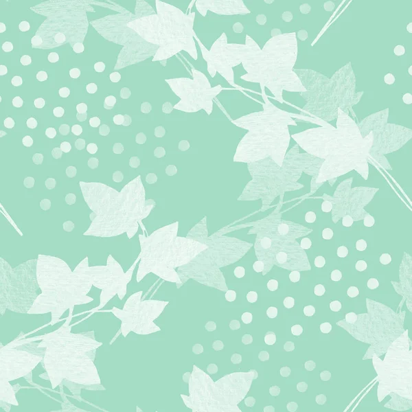 Green Seamless Pattern Ivy Leaves Polka Dots Hand Drawn Style — Stock Photo, Image