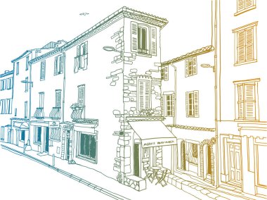 Elle çizilmiş şehir manzarası. Antibes, Provence, Fransa 'nın eski caddesi. Güzel bir Avrupa şehri. Renkli Çizgi Sanatı. Duvar dekoru. Vektör illüstrasyonu.